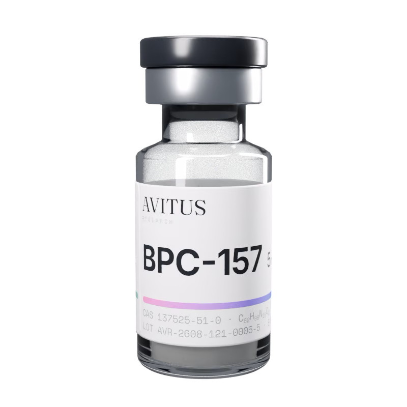 Avitus vial: black cap, silver collar and a continuous wraparound label for BPC-157 5 mg